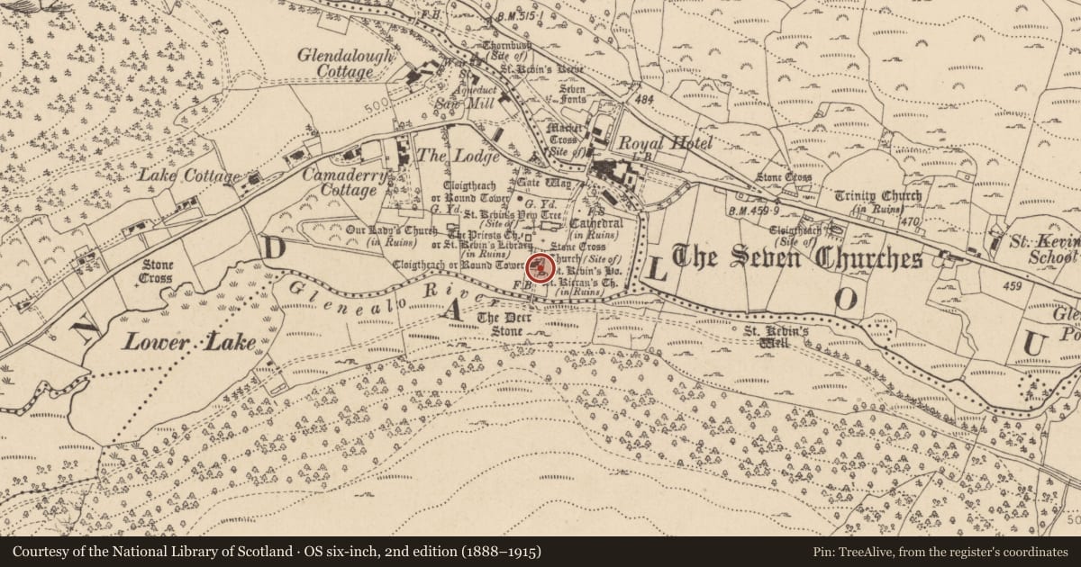 Ordnance Survey six-inch map, 2nd edition (1888–1915) covering the location of Church, Sevenchurches Or Camaderry, County Wicklow, with a pin at the register's coordinates