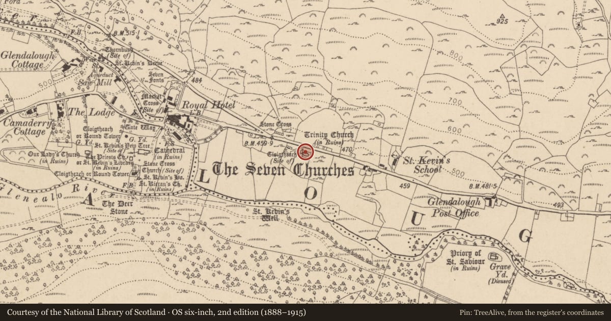 Ordnance Survey six-inch map, 2nd edition (1888–1915) covering the location of Church, Brockagh, County Wicklow, with a pin at the register's coordinates