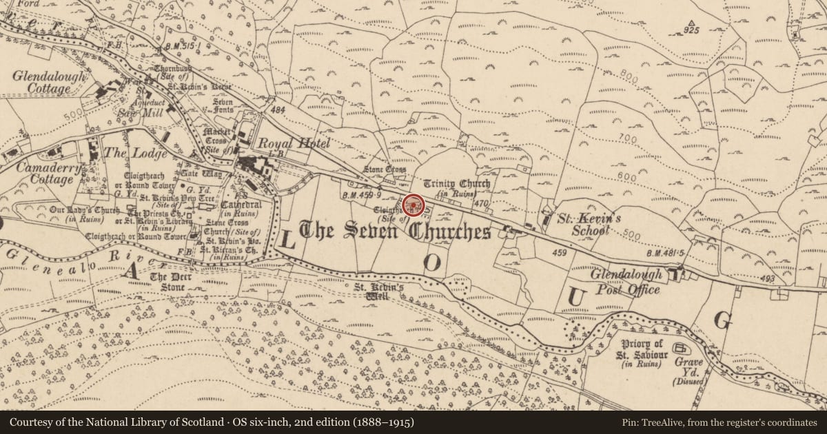 Ordnance Survey six-inch map, 2nd edition (1888–1915) covering the location of Children's burial ground, Brockagh, County Wicklow, with a pin at the register's coordinates