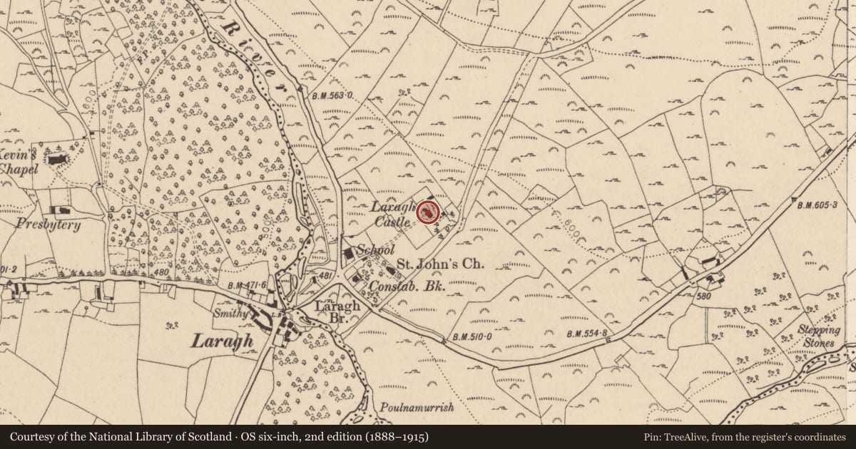 Ordnance Survey six-inch map, 2nd edition (1888–1915) covering the location of Barracks, Laragh East, County Wicklow, with a pin at the register's coordinates