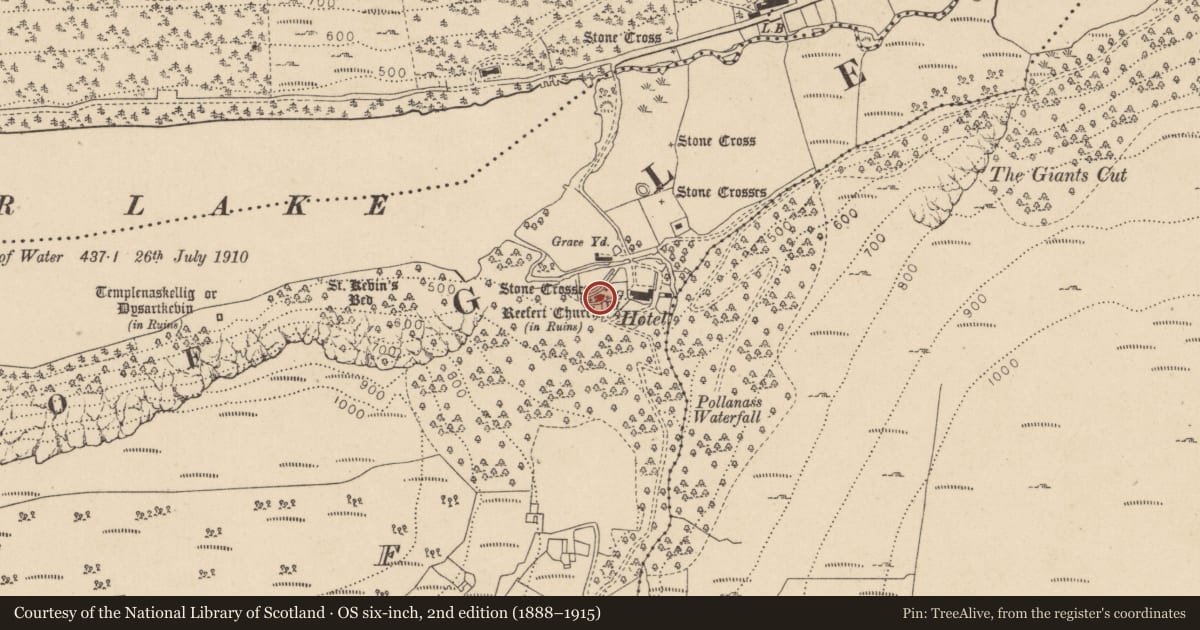 Ordnance Survey six-inch map, 2nd edition (1888–1915) covering the location of Cross-slab, Lugduff, County Wicklow, with a pin at the register's coordinates