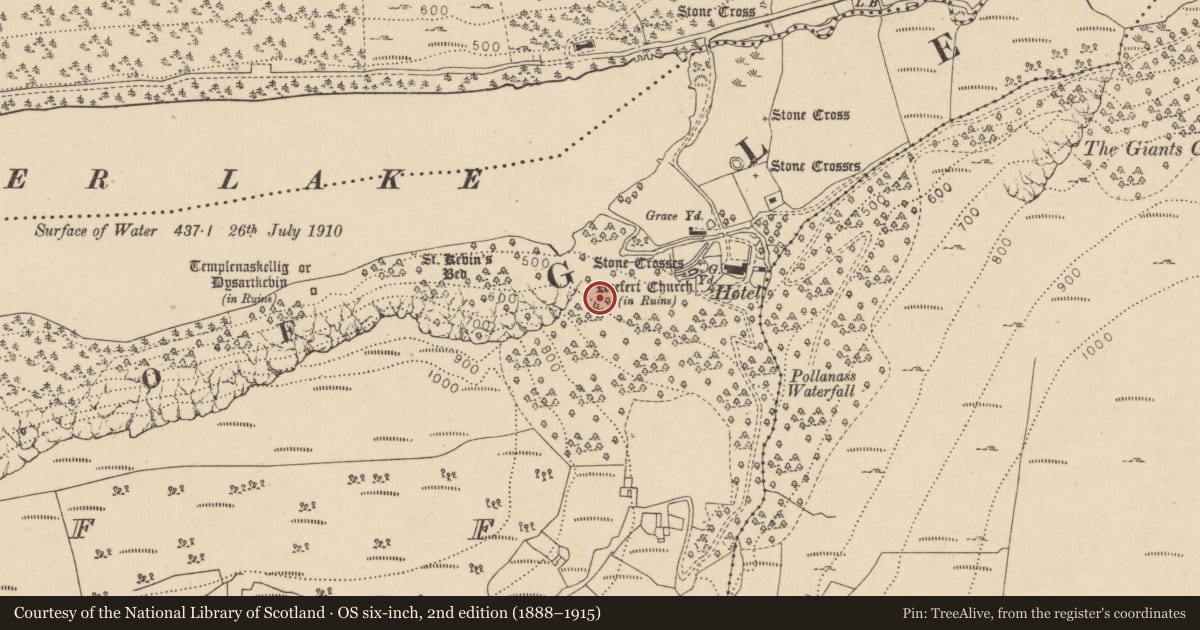 Ordnance Survey six-inch map, 2nd edition (1888–1915) covering the location of Hut site, Lugduff, County Wicklow, with a pin at the register's coordinates