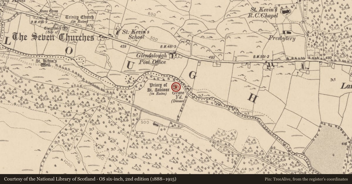 Ordnance Survey six-inch map, 2nd edition (1888–1915) covering the location of Graveyard, Derrybawn, County Wicklow, with a pin at the register's coordinates