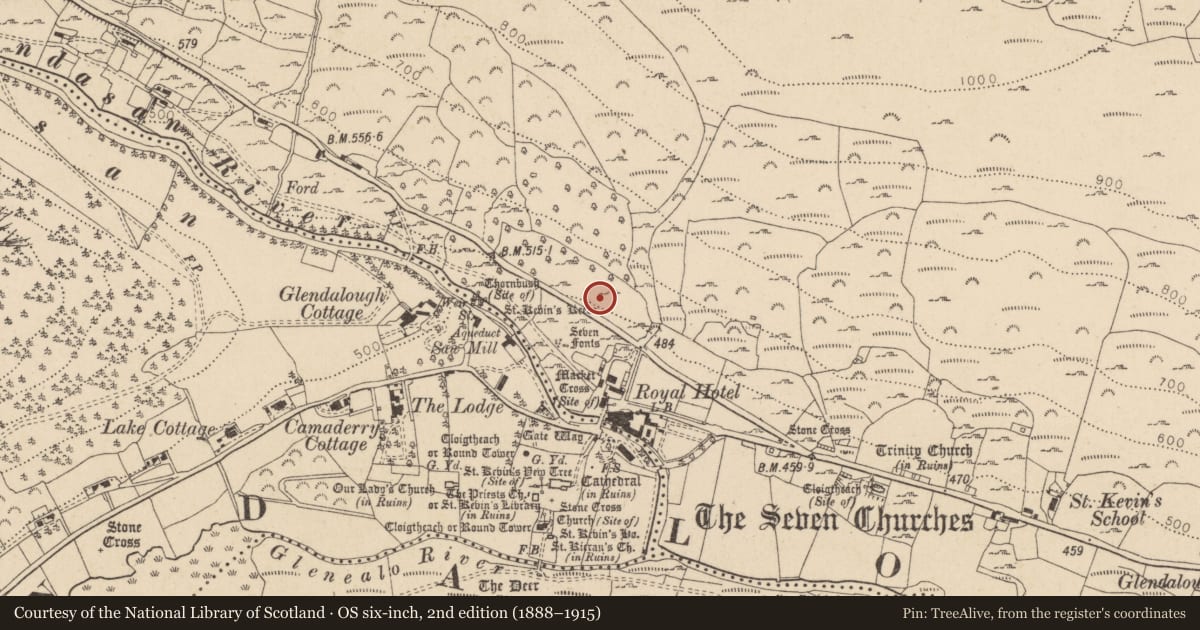Ordnance Survey six-inch map, 2nd edition (1888–1915) covering the location of Bullaun stone, Brockagh, County Wicklow, with a pin at the register's coordinates