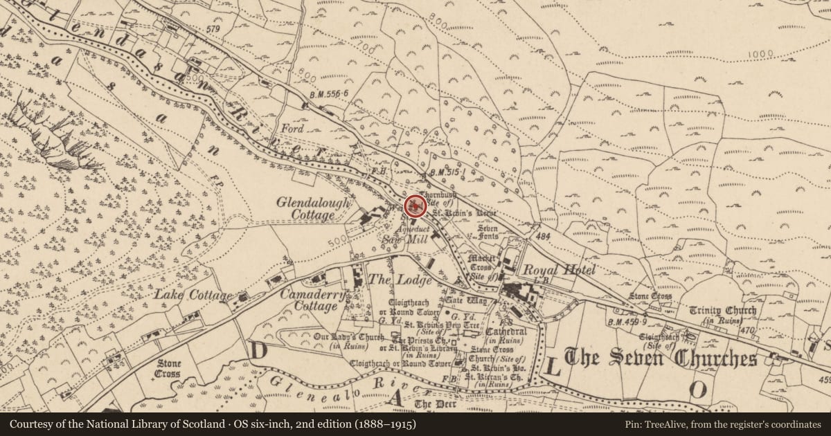 Ordnance Survey six-inch map, 2nd edition (1888–1915) covering the location of Ritual site - holy well, Brockagh, County Wicklow, with a pin at the register's coordinates