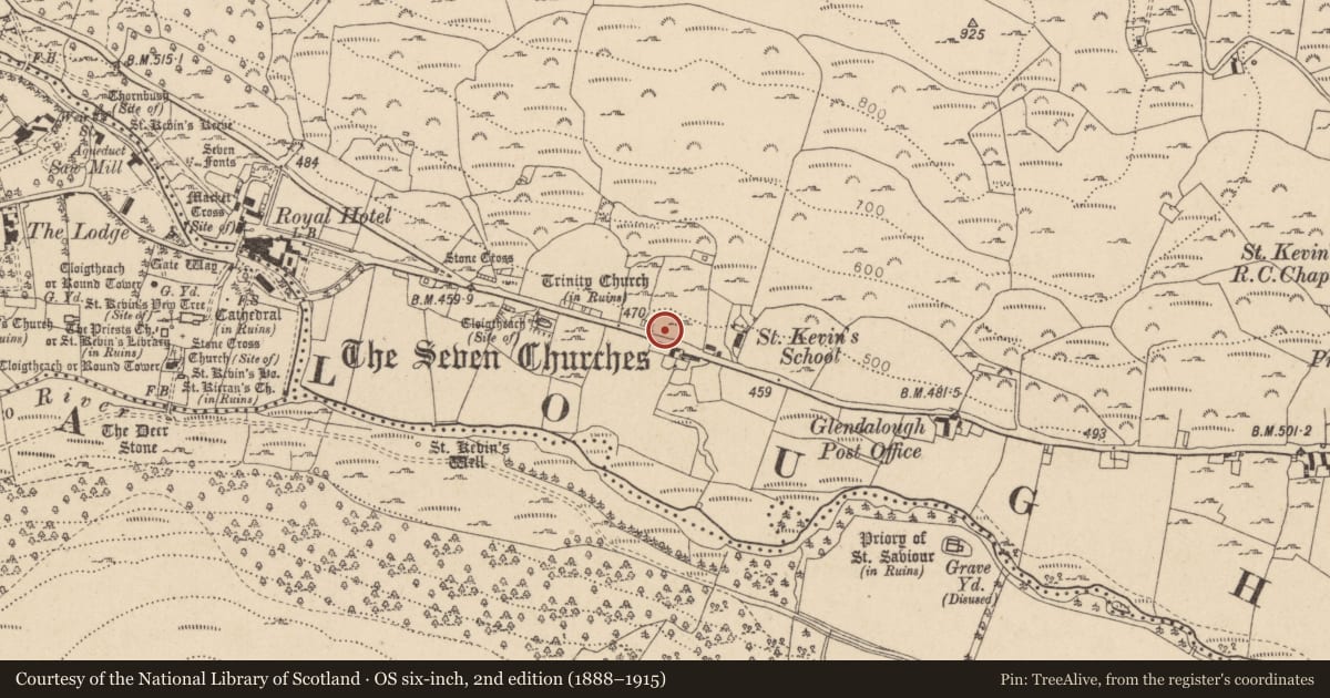 Ordnance Survey six-inch map, 2nd edition (1888–1915) covering the location of Souterrain, Brockagh, County Wicklow, with a pin at the register's coordinates