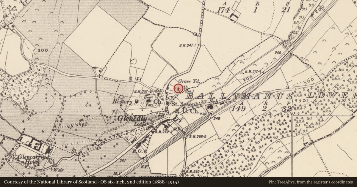 Ordnance Survey six-inch map, 2nd edition (1888–1915) covering the location of Church, Ballymoat, County Wicklow, with a pin at the register's coordinates