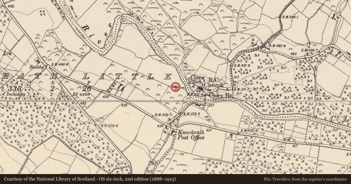 Ordnance Survey six-inch map, 2nd edition (1888–1915) covering the location of Water mill - vertical-wheeled, Knockrath Little, County Wicklow, with a pin at the register's coordinates