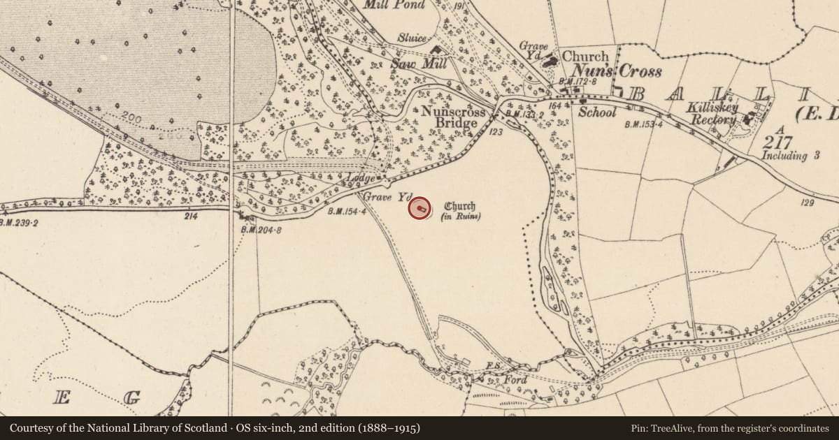 Ordnance Survey six-inch map, 2nd edition (1888–1915) covering the location of Church, Ballymaghroe, County Wicklow, with a pin at the register's coordinates