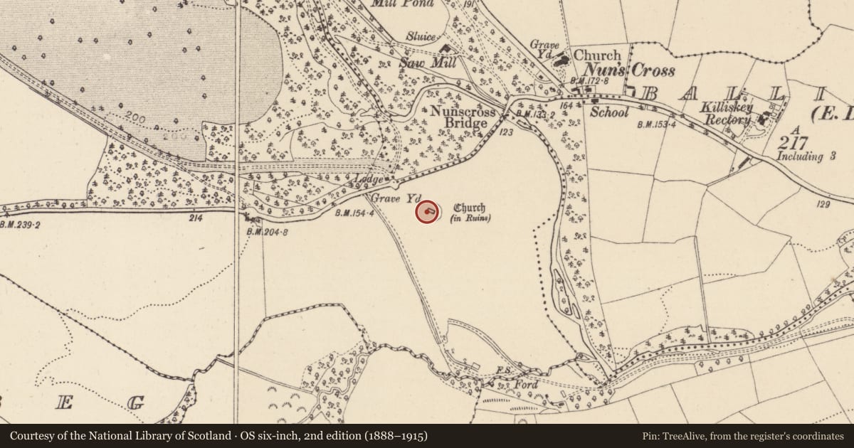 Ordnance Survey six-inch map, 2nd edition (1888–1915) covering the location of Graveyard, Ballymaghroe, County Wicklow, with a pin at the register's coordinates