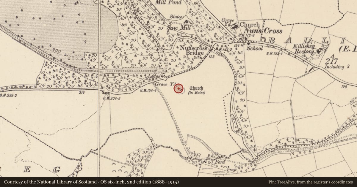 Ordnance Survey six-inch map, 2nd edition (1888–1915) covering the location of Font, Ballymaghroe, County Wicklow, with a pin at the register's coordinates