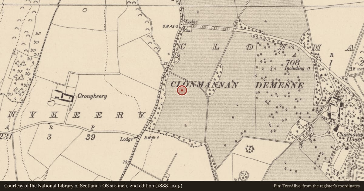 Ordnance Survey six-inch map, 2nd edition (1888–1915) covering the location of Enclosure, Clonmannan, County Wicklow, with a pin at the register's coordinates