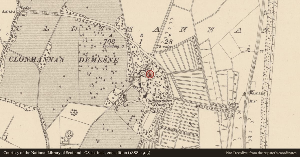 Ordnance Survey six-inch map, 2nd edition (1888–1915) covering the location of House - 17th/18th century, Clonmannan, County Wicklow, with a pin at the register's coordinates