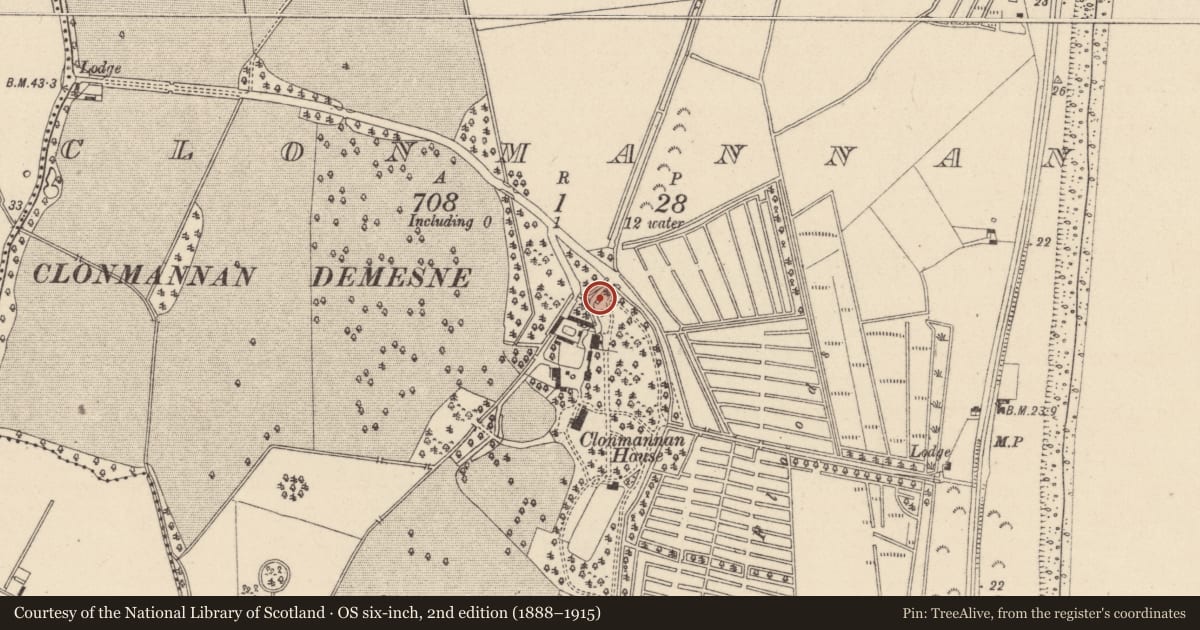 Ordnance Survey six-inch map, 2nd edition (1888–1915) covering the location of Kiln - lime, Clonmannan, County Wicklow, with a pin at the register's coordinates