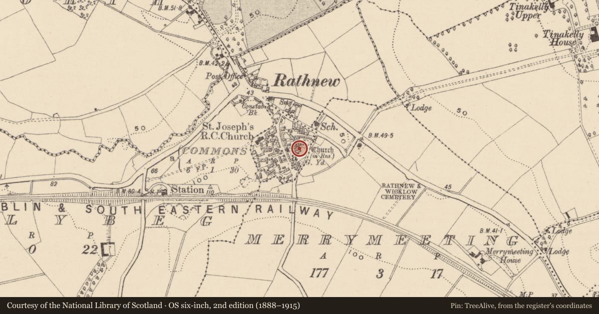 Ordnance Survey six-inch map, 2nd edition (1888–1915) covering the location of Church, Commons, County Wicklow, with a pin at the register's coordinates