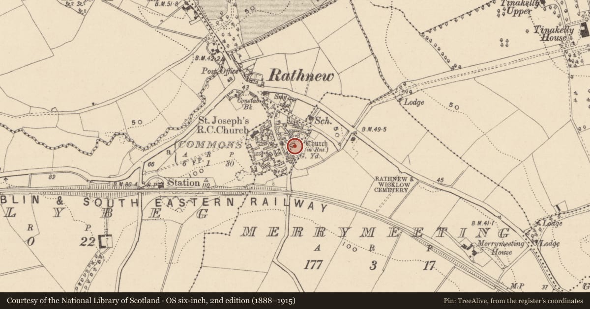 Ordnance Survey six-inch map, 2nd edition (1888–1915) covering the location of Graveyard, Commons, County Wicklow, with a pin at the register's coordinates