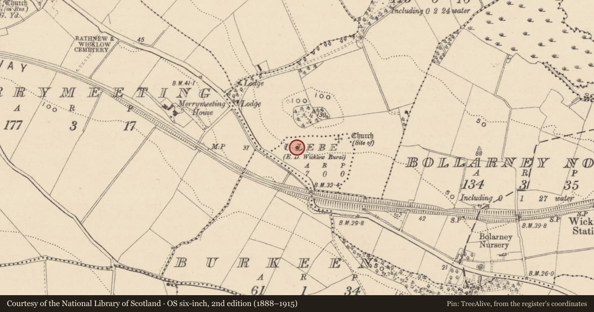 Ordnance Survey six-inch map, 2nd edition (1888–1915) covering the location of Church, Glebe, County Wicklow, with a pin at the register's coordinates