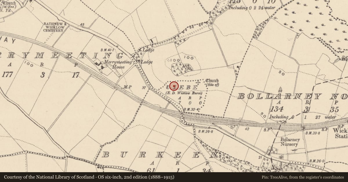 Ordnance Survey six-inch map, 2nd edition (1888–1915) covering the location of Graveyard, Glebe, County Wicklow, with a pin at the register's coordinates