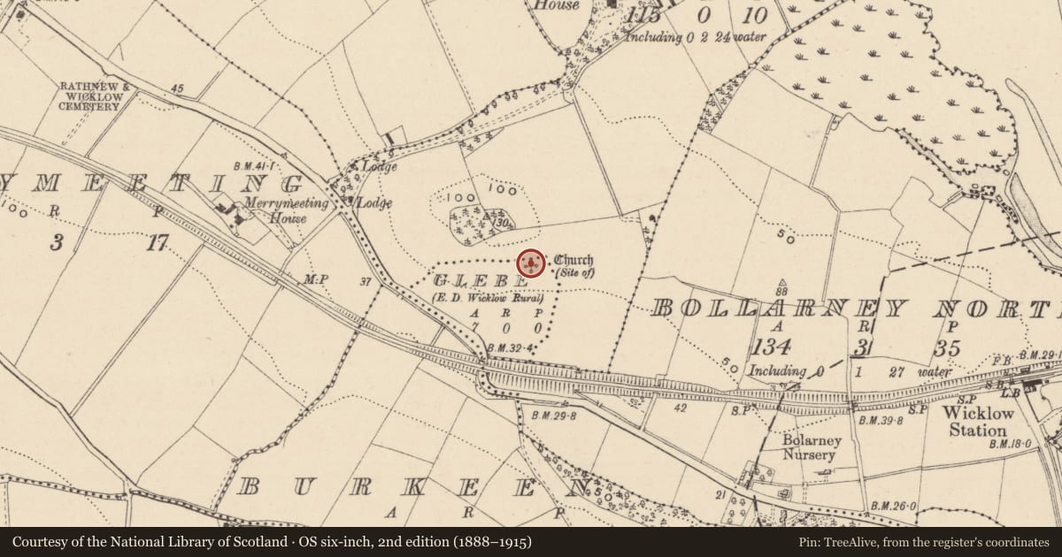 Ordnance Survey six-inch map, 2nd edition (1888–1915) covering the location of Building, Glebe, County Wicklow, with a pin at the register's coordinates
