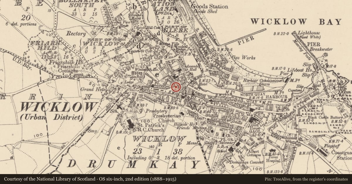 Ordnance Survey six-inch map, 2nd edition (1888–1915) covering the location of Historic town, County Wicklow, with a pin at the register's coordinates