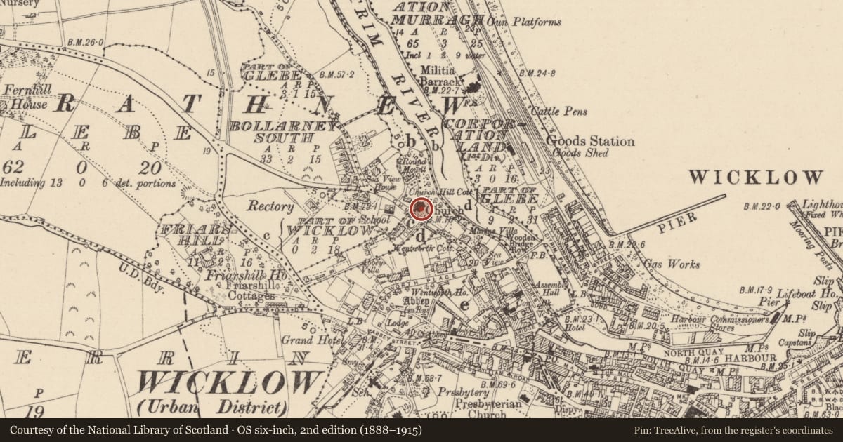 Ordnance Survey six-inch map, 2nd edition (1888–1915) covering the location of Architectural feature, Glebe (Detached portion), County Wicklow, with a pin at the register's coordinates