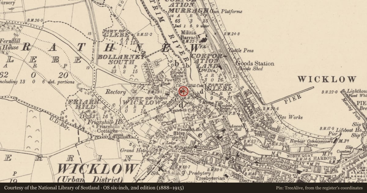 Ordnance Survey six-inch map, 2nd edition (1888–1915) covering the location of Architectural fragment, Glebe (Detached portion), County Wicklow, with a pin at the register's coordinates