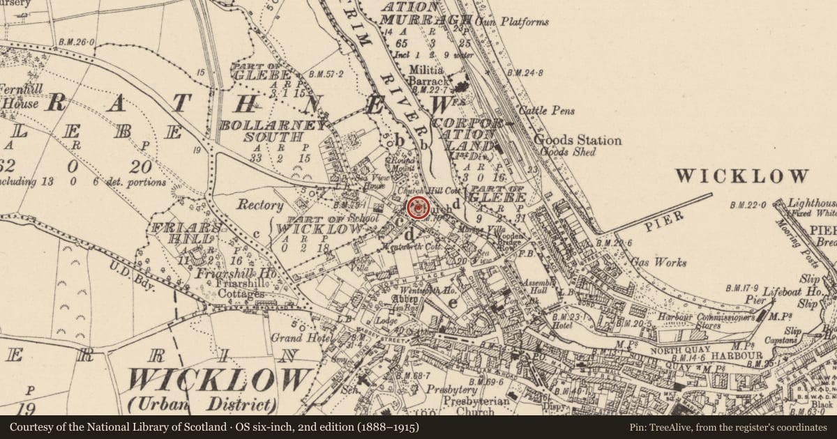 Ordnance Survey six-inch map, 2nd edition (1888–1915) covering the location of Headstone, Glebe (Detached portion), County Wicklow, with a pin at the register's coordinates