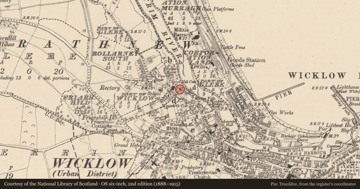 Ordnance Survey six-inch map, 2nd edition (1888–1915) covering the location of Headstone, Glebe (Detached portion), County Wicklow, with a pin at the register's coordinates