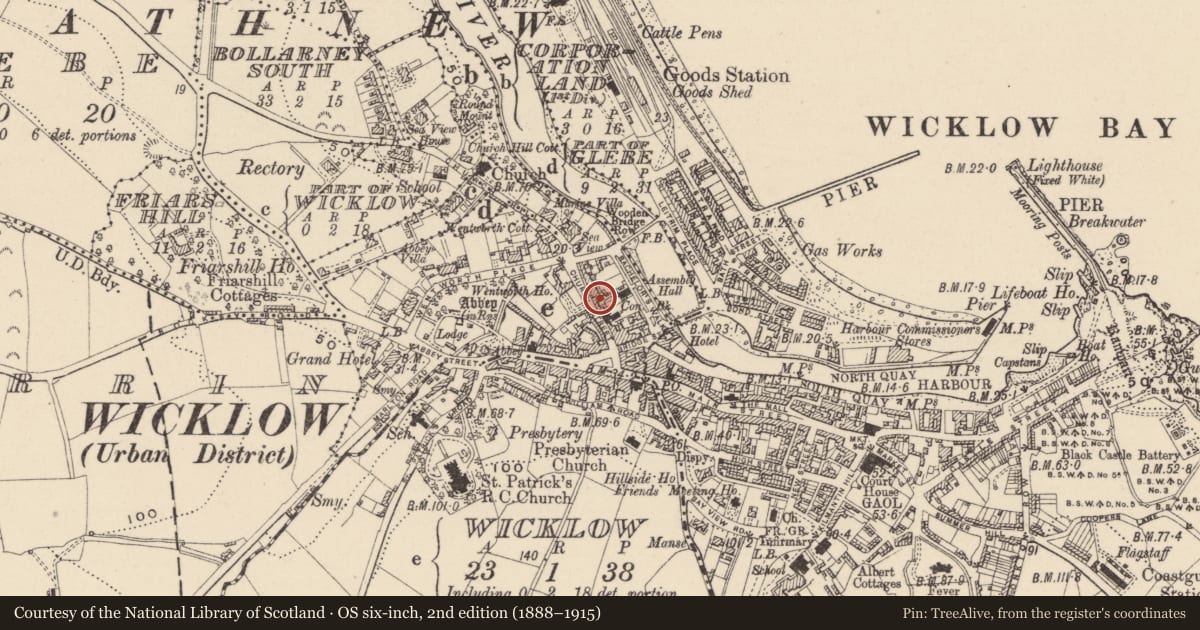 Ordnance Survey six-inch map, 2nd edition (1888–1915) covering the location of Excavation - miscellaneous, Wicklow, with a pin at the register's coordinates