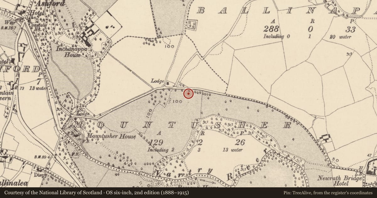 Ordnance Survey six-inch map, 2nd edition (1888–1915) covering the location of Ring-ditch, Mountusher, County Wicklow, with a pin at the register's coordinates