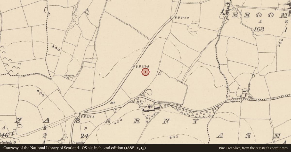 Ordnance Survey six-inch map, 2nd edition (1888–1915) covering the location of Fulacht fia, Ballynabarny, County Wicklow, with a pin at the register's coordinates