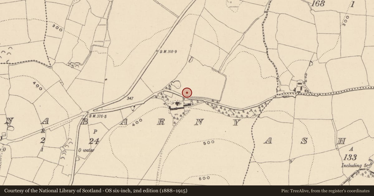 Ordnance Survey six-inch map, 2nd edition (1888–1915) covering the location of Fulacht fia, Ballynabarny, County Wicklow, with a pin at the register's coordinates