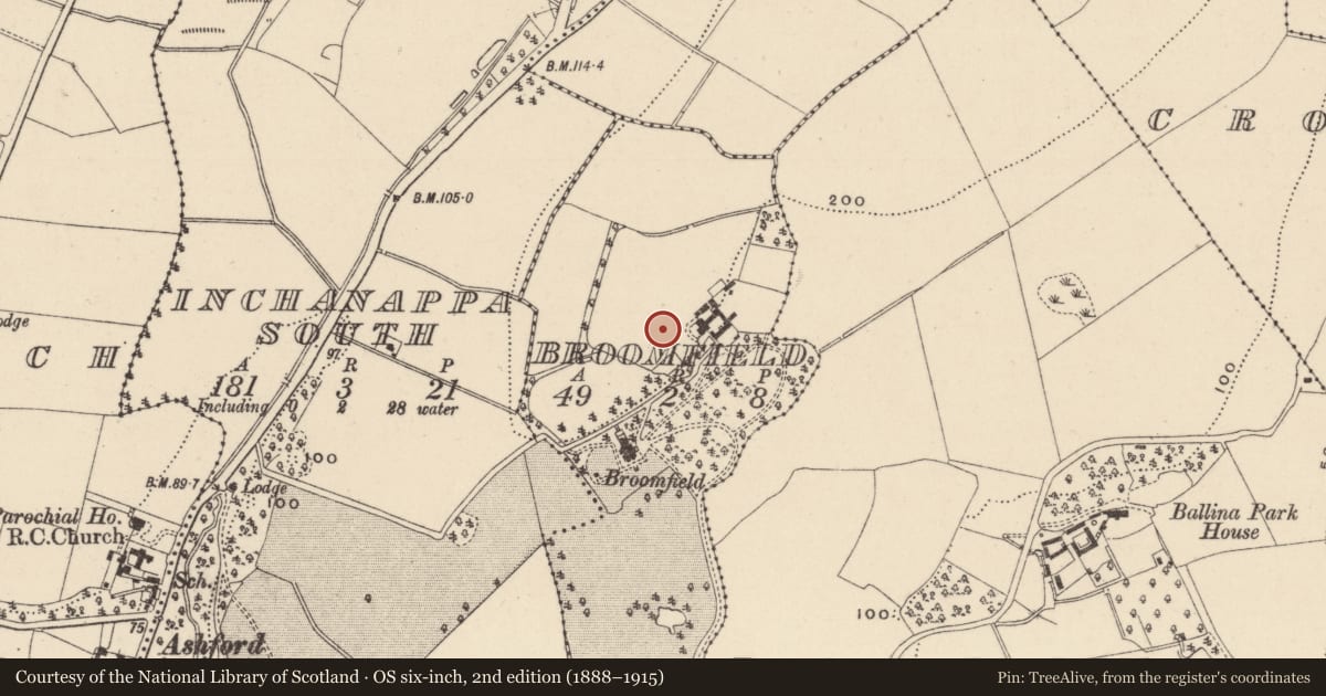 Ordnance Survey six-inch map, 2nd edition (1888–1915) covering the location of Enclosure, Broomfield, County Wicklow, with a pin at the register's coordinates
