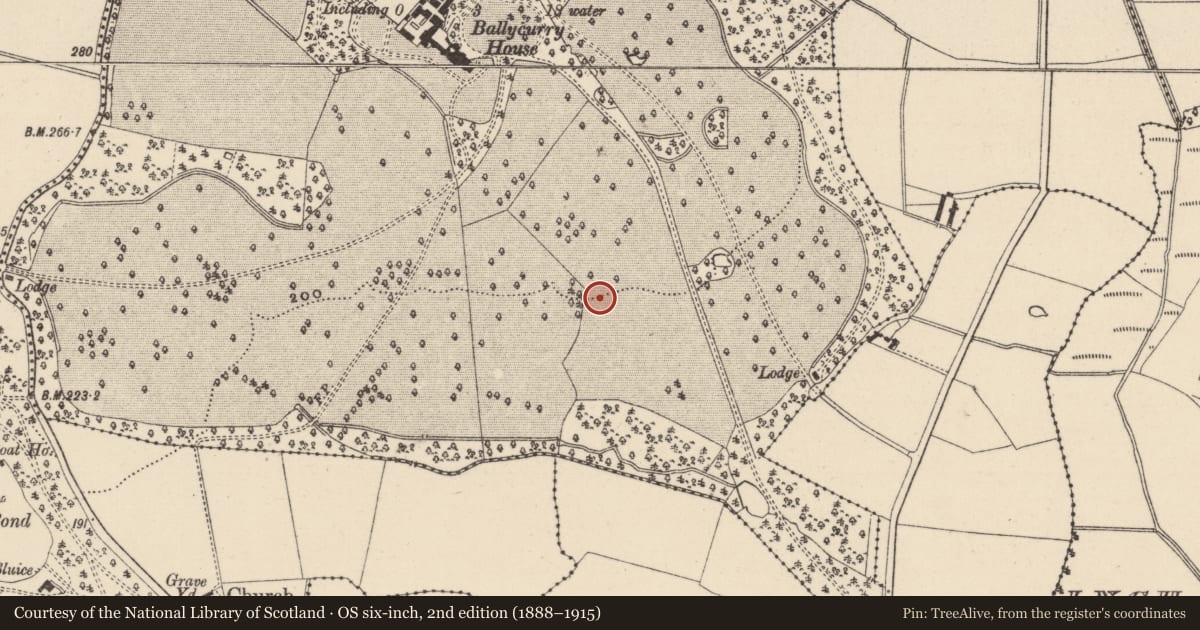 Ordnance Survey six-inch map, 2nd edition (1888–1915) covering the location of Enclosure, Ballycurry Demesne, County Wicklow, with a pin at the register's coordinates