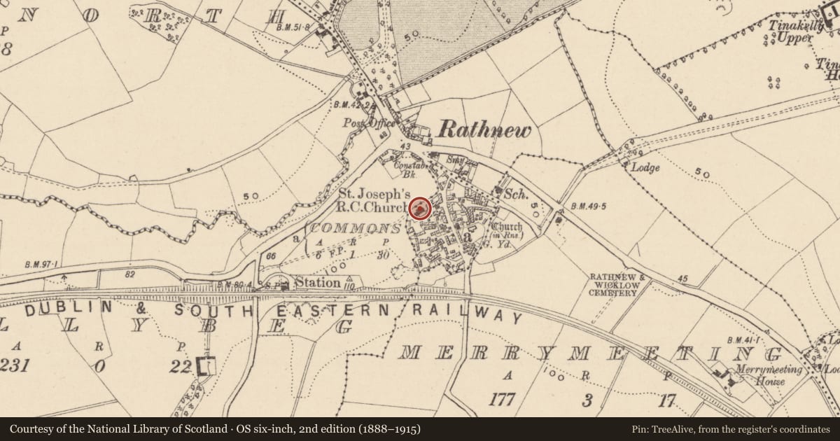 Ordnance Survey six-inch map, 2nd edition (1888–1915) covering the location of Font (present location), Commons, County Wicklow, with a pin at the register's coordinates
