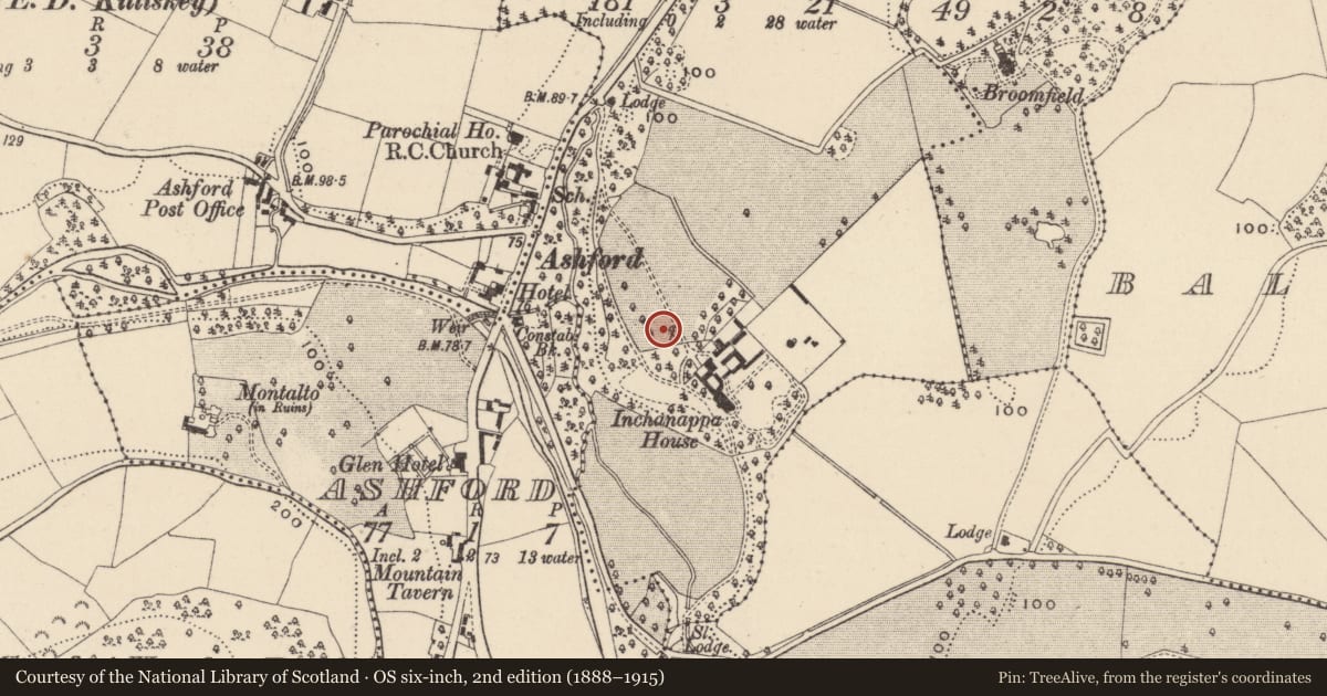 Ordnance Survey six-inch map, 2nd edition (1888–1915) covering the location of Burnt spread, Inchanappa South, County Wicklow, with a pin at the register's coordinates