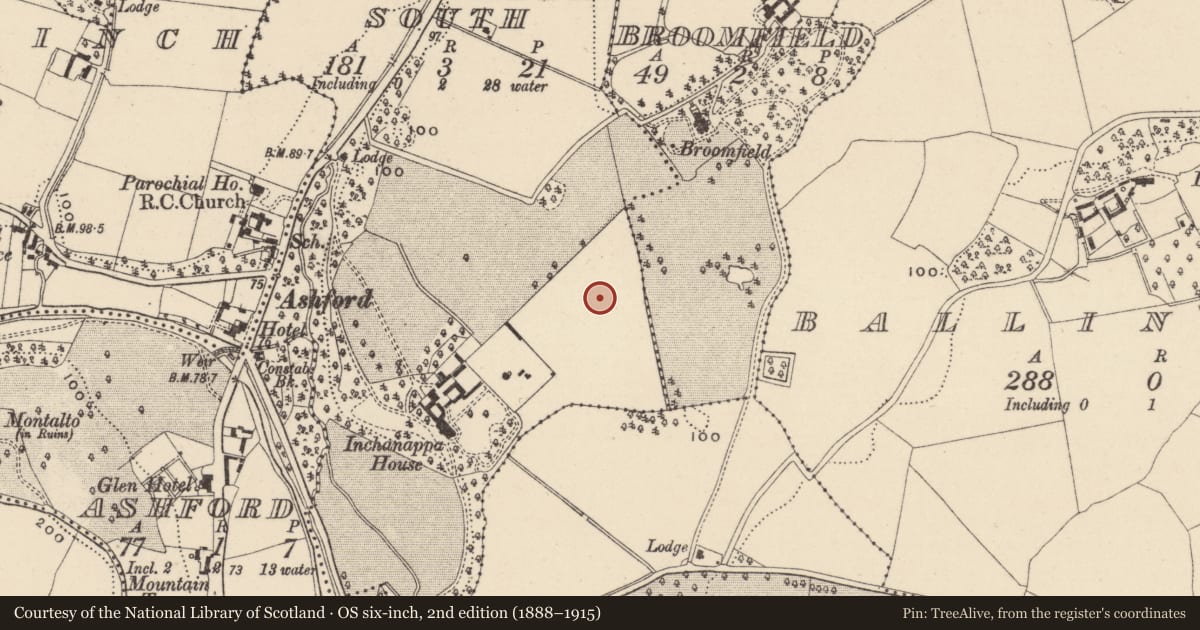 Ordnance Survey six-inch map, 2nd edition (1888–1915) covering the location of Fulacht fia, Inchanappa South, County Wicklow, with a pin at the register's coordinates