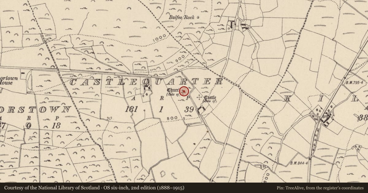 Ordnance Survey six-inch map, 2nd edition (1888–1915) covering the location of Church, Castlequarter, County Wicklow, with a pin at the register's coordinates