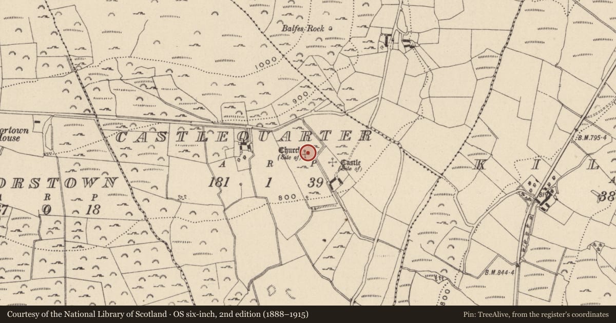 Ordnance Survey six-inch map, 2nd edition (1888–1915) covering the location of Ecclesiastical enclosure, Castlequarter, County Wicklow, with a pin at the register's coordinates