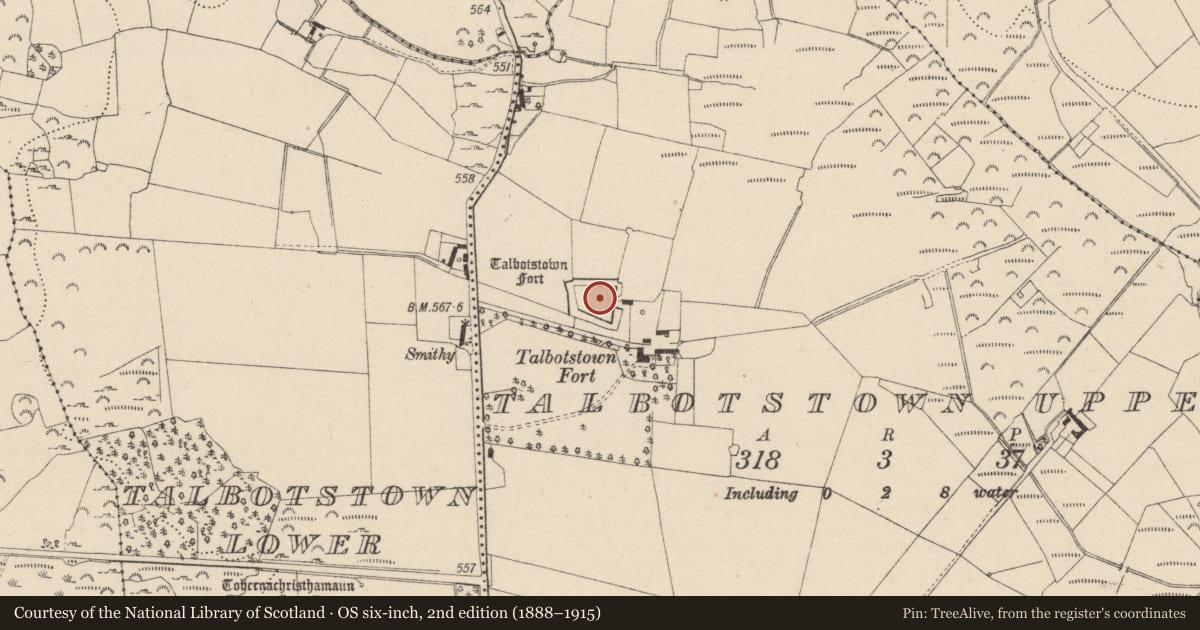 Ordnance Survey six-inch map, 2nd edition (1888–1915) covering the location of Moated site, Talbotstown Upper, County Wicklow, with a pin at the register's coordinates
