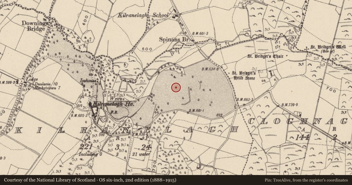 Ordnance Survey six-inch map, 2nd edition (1888–1915) covering the location of Enclosure - large enclosure, Kilranelagh, County Wicklow, with a pin at the register's coordinates