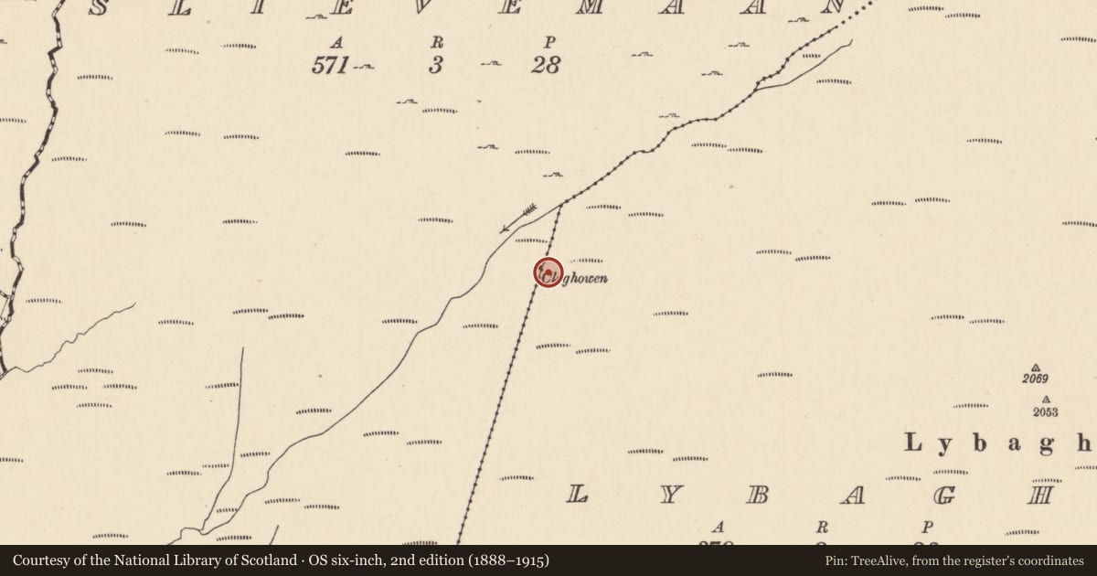 Ordnance Survey six-inch map, 2nd edition (1888–1915) covering the location of Standing stone, Slievemaan, Lybagh, County Wicklow, with a pin at the register's coordinates