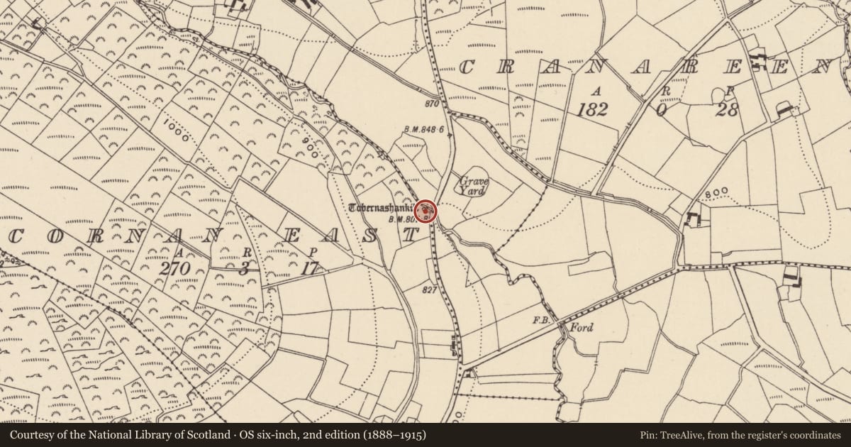 Ordnance Survey six-inch map, 2nd edition (1888–1915) covering the location of Ritual site - holy well, Cornan East, County Wicklow, with a pin at the register's coordinates