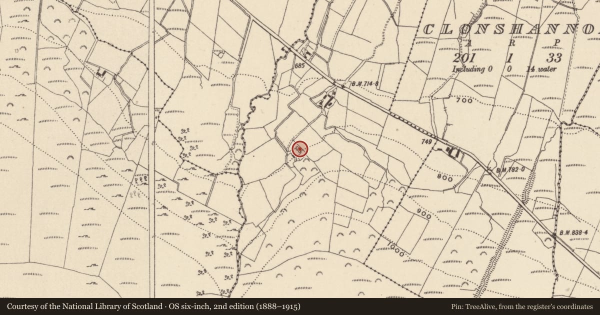 Ordnance Survey six-inch map, 2nd edition (1888–1915) covering the location of House - 18th/19th century, Derrynamuck, County Wicklow, with a pin at the register's coordinates