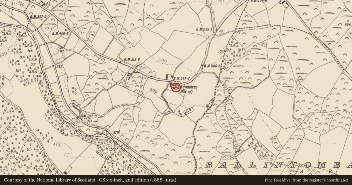 Ordnance Survey six-inch map, 2nd edition (1888–1915) covering the location of Ecclesiastical site, Ballinabarny, County Wicklow, with a pin at the register's coordinates