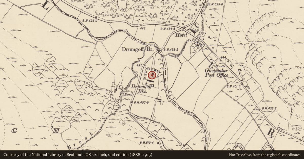 Ordnance Survey six-inch map, 2nd edition (1888–1915) covering the location of Barracks, Drumgoff, County Wicklow, with a pin at the register's coordinates