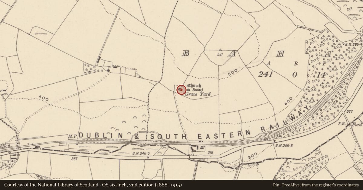 Ordnance Survey six-inch map, 2nd edition (1888–1915) covering the location of Church, Bahana, County Wicklow, with a pin at the register's coordinates