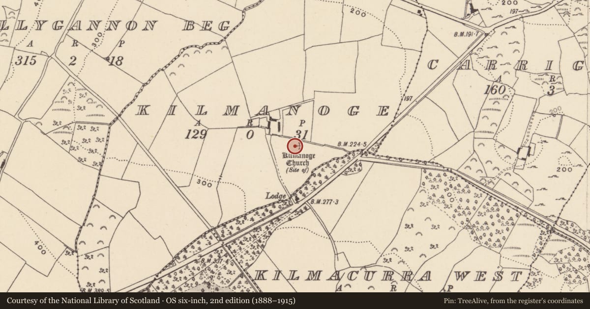 Ordnance Survey six-inch map, 2nd edition (1888–1915) covering the location of Graveyard, Kilmanoge, County Wicklow, with a pin at the register's coordinates