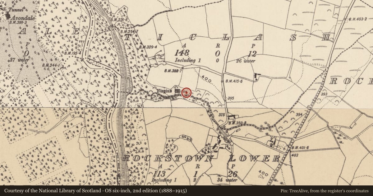 Ordnance Survey six-inch map, 2nd edition (1888–1915) covering the location of Ritual site - holy well, Ticlash, County Wicklow, with a pin at the register's coordinates