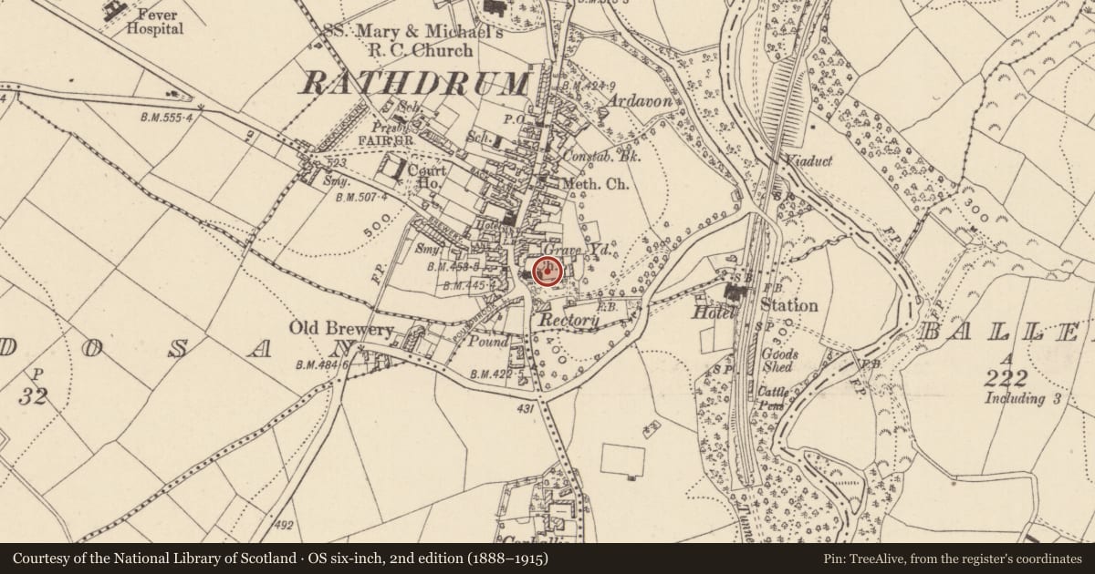 Ordnance Survey six-inch map, 2nd edition (1888–1915) covering the location of Graveslab, Rathdrum, County Wicklow, with a pin at the register's coordinates